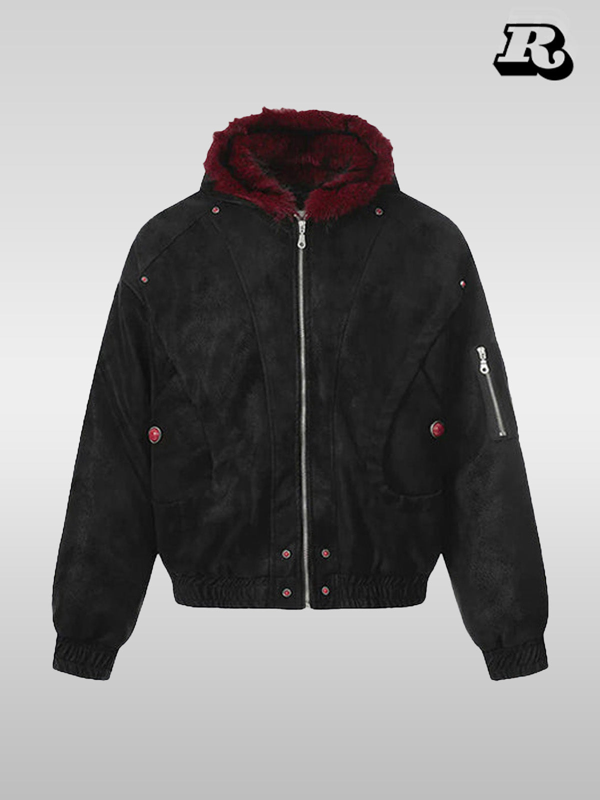 Crimson Fur Hood Suede Bomber - RIYOOO