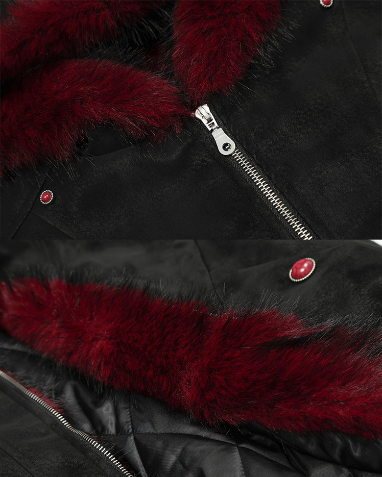 Crimson Fur Hood Suede Bomber - RIYOOO