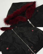 Crimson Fur Hood Suede Bomber - RIYOOO