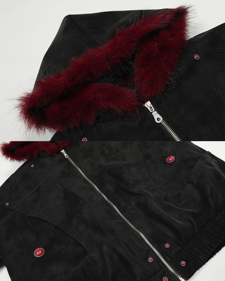 Crimson Fur Hood Suede Bomber - RIYOOO