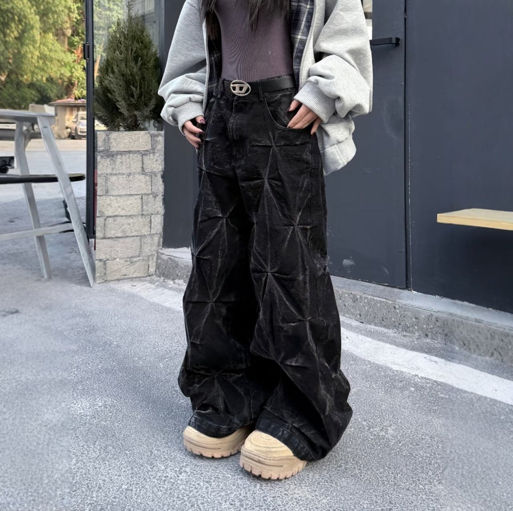 Crinkled Denim Cargo Pants - Riyooo