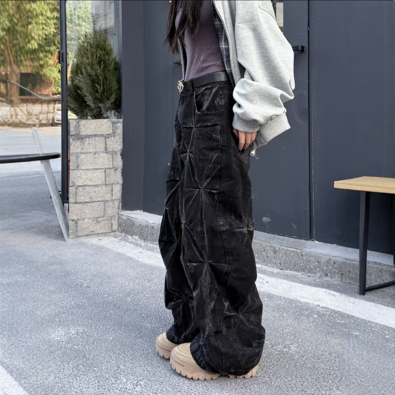 Crinkled Denim Cargo Pants - Riyooo